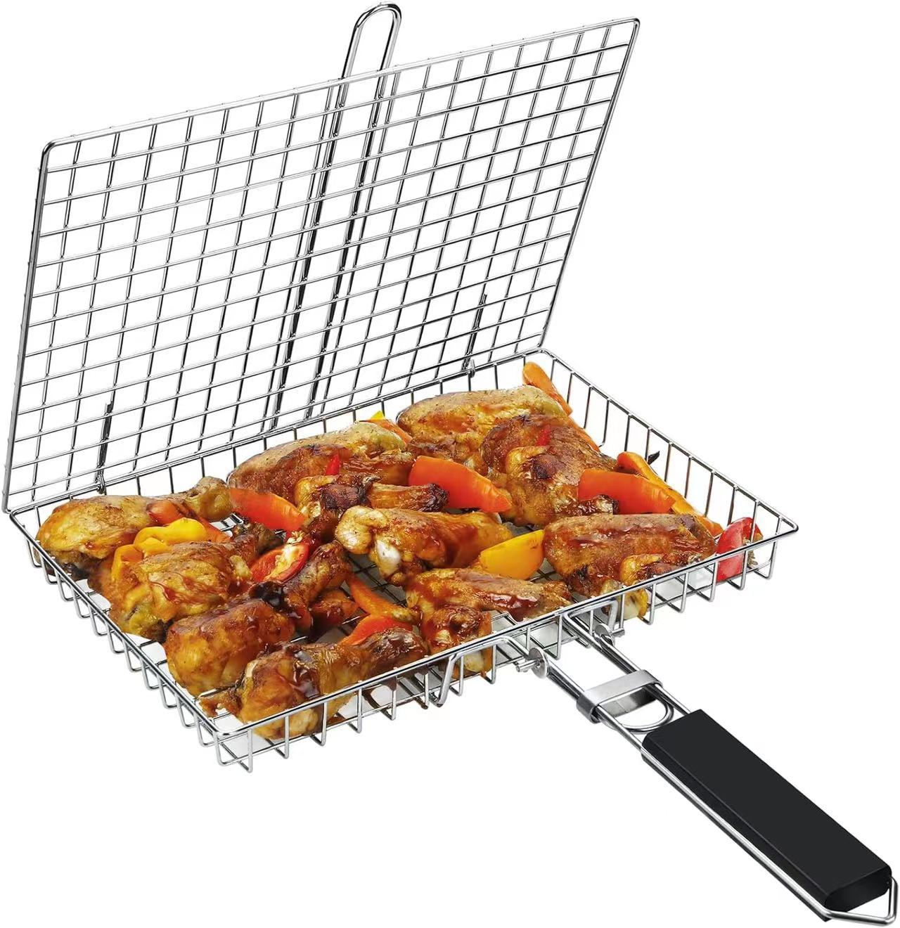 PureQ "Braai Basket" Stainless Grill Flipper W' Wooden Handle